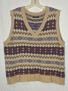 SHEIN Curve 3XL Fair Isle Sweater Vest Beige Purple Brown V Neck Plus Size